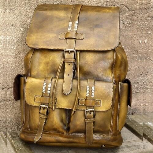 Mens Backpack Military Style Travel Bag Luxury Mens Cow Leather backpack Large Capacity Retro Shoulder Bag