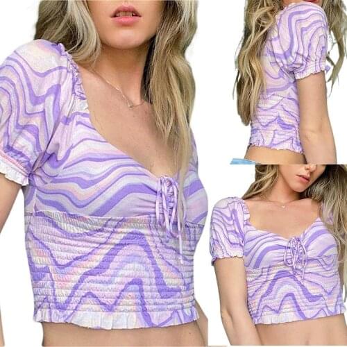 2021 New Summer Woman Girls Clothing Short Sleeve Sequare Collar Striped Print Bandage T-shirt Tee Crop Tops Fashion Clothes