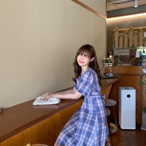 Plus size New Summer Dress Girls Boho Party Female Vintage Dress Short Sleeve Blue Plaid Yellow Women Dresses Long Robe Vestido