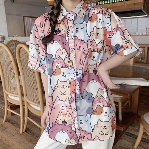 MINGLIUSILI Kawaii Button Up Shirt Fashion 2021 Summer Cat Print Blouse Women Short Sleeve Loose Casual Korean Style Clothing