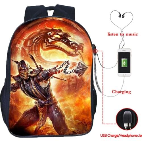 Scorpion In Mortal Kombat X Mask Backpack Mochila Laptop Backpack Teens Women Men Casual Rucksack School Travel Bags USB Charge
