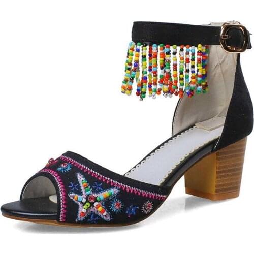 Tassel sandals female high-heeled shoes open toe thick heel vintage national embroidery trend womens shoes bohemia