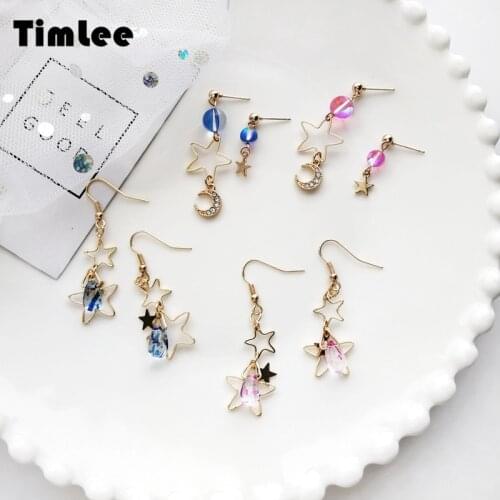 Timlee E023 Free shipping Simple Cute Colourful Glass Geometry Stars Moon Rhinestone Drop Earring, Fashion Jewelry Wholesale