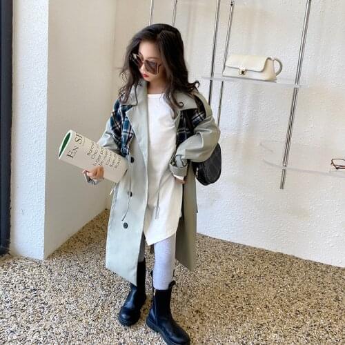 Girls' Windbreaker Jacket Autumn 2021 New Childrens Loose Mid-length Coat Plaid Shawl Casual Two-piece Suit Jackets for Girls