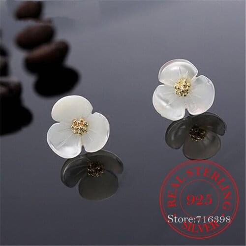 925 Sterling Silver Hypoallergenic White Flower Stud Earrings For Women Sterling-silver-jewelry Pendientes Plata