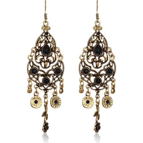 2020 Womens Vintage Black Stone Flower Dangle Earrings Ethnic Baroque Bollywood Oxidized Carved Tassel Earrings