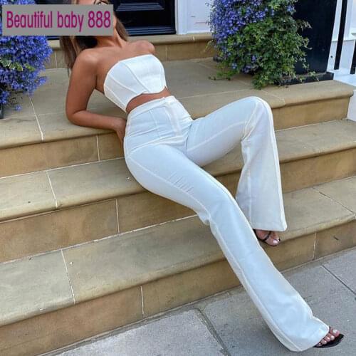 Meqeiss Strapless Corset Crop Top and Flare Pants Sets Solid High Waist Women Sexy Outfit Elegant Casual Legging 2 Piece Set