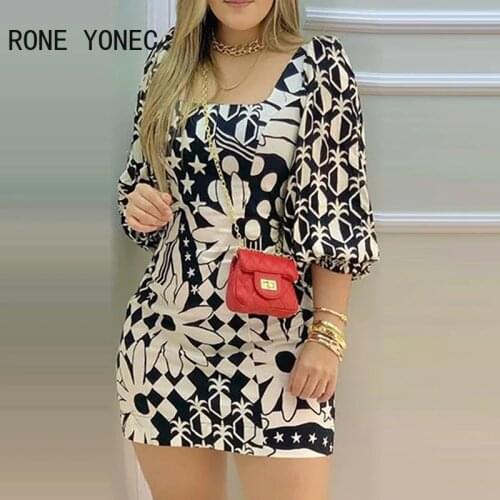 Women Elegant Dress Floral Print Lantern Sleeve Casual Dress Summer Dress