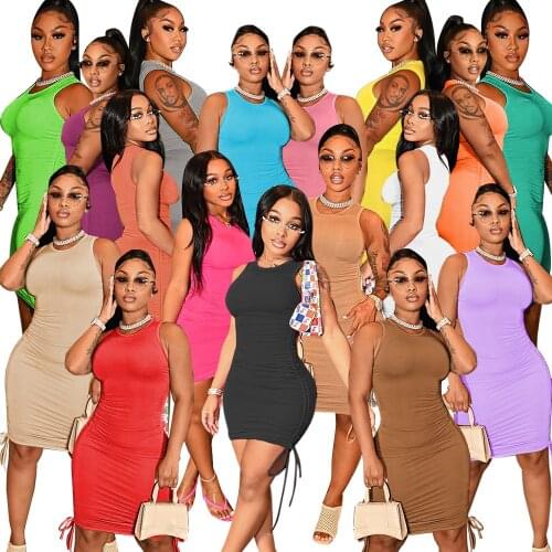 2021 Sexy Women Dress Sleeveless Solid Color Party Night Clubwear Bodycon Streetwear Mini Dress Vestidos