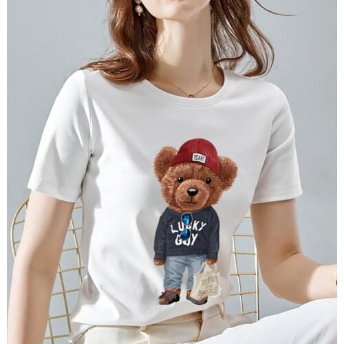 Summer Womens Trend Personality Bear Print Series T-shirt Fashion Round Neck Ladies Casual White Top T-shirt Female Half Sleeve