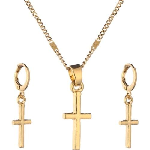Trendy Gold Color Cross Pendant Necklace Earrings Set Simple Women Jewelry Crucifix Christian Jewelry Sets