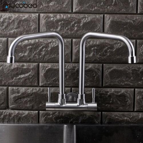 Kitchen Durable Sink Faucet 304 Stainless Steel Single Cold Double Pipe Wall Mounted Water Tap
