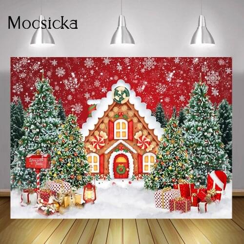 Lollipop Red Gingerbread House Backdrop Winter Snow Portrait Background Gifts Christmas Tree Birthday Party Decorations Props