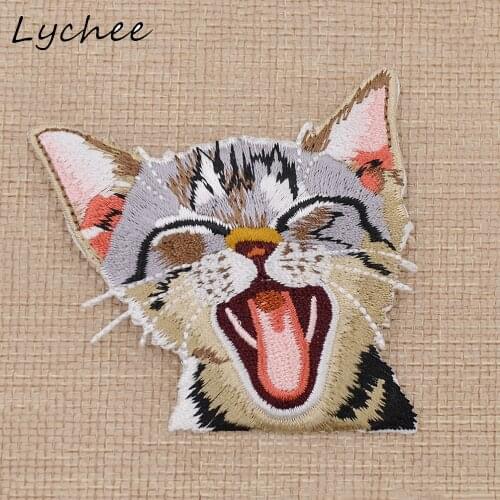 Lychee Adorable Cat Head Embroidered Iron On Patch Badges Fabric Applique DIY For Clothes Creative Pocket Decoration