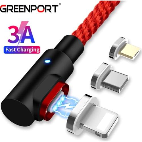 GREENPORT 90 Degree Magnetic Cable Micro USB Cable 3A Fast Charger Usb-C Data Cord For iphone Samsung Mobile Phone Charger Adapt