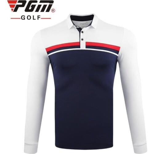 PGM 2020 New golf apparel mens autumn and winter warm long-sleeved T-shirt stitching Button collar slim sportswear tops