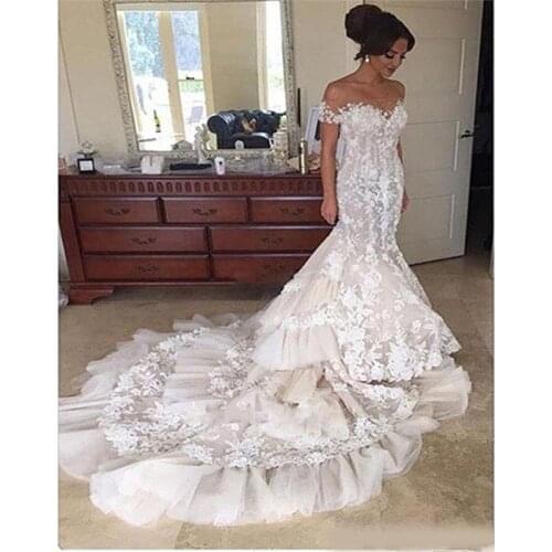 Stunning Illusion Wedding Dresses Off The Shoulder Tulle Vintage Court Train Bridal Gowns Plus Size Mermaid Bride Party Dress