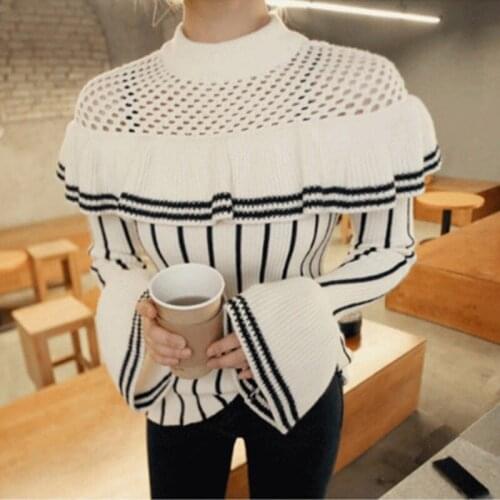 Early spring simple solid hollow out sweater all-match casual fashion ruffles pullovers minimalist thicken sweater 2021 new tops