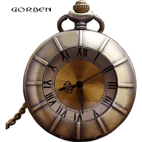 Retro Bronze Vintage Pocket Watch Necklace Chain Pendant Arabic/Roman Dial Quartz Pocket Watches Gifts For Boy Relogio De Bolso