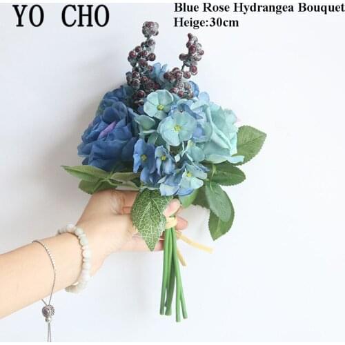 Sapphire Roses Hydrangea Artificial Silk Flower Bouquet Home Hotel Table Decor Fake Flowers Wedding Bride Holding Floral Bouquet