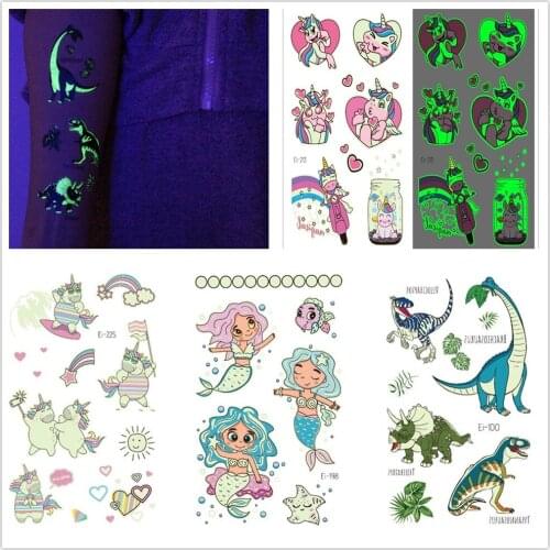 Unicorn Tattoo Stickers Luminous Child Kid Temporary Tattoo Mermaid Dinosaur Fake Tattoo Glow Paste on Face Arm Leg For Children