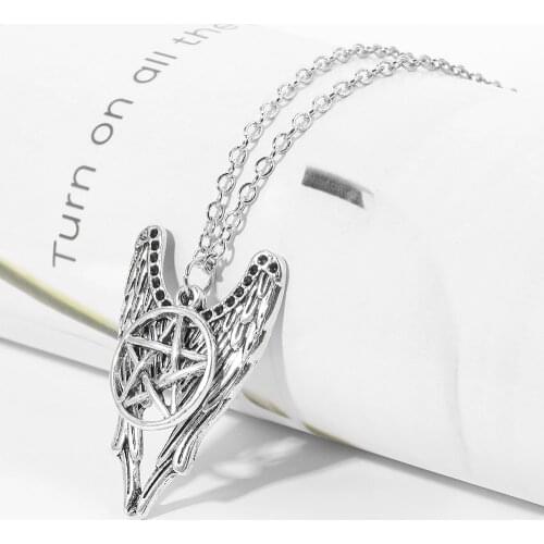 Vintage Supernatural Pentagram Angel Wings pendant Necklace goth necklaces for women men jewelry
