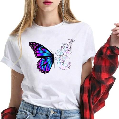 They Whispered To Her Print Butterfly Funny Women T Shirt Short Sleeve Crew Neck Summer Loose Tees Tops Aesthetic Woman Clothes