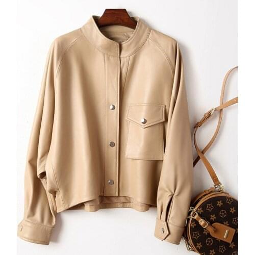 Retro Round Neck Leather Jacket Womens Short Sheepskin Stand-up Collar Casual Loose Fashion Leather Jacket Coat veste femme