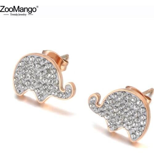 ZooMango Stainless Steel White/Black Clay Shiny Crystal Elephant Stud Earrings For Women Party Girls Earrings Jewelry ZE19099