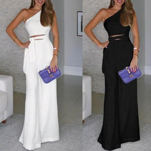 Retro Summer Women One-line Diagonal Solid Sleeveless Strapless Bandage Jumpsuit Sexy Elegant Long Wide Leg Trousers Bandage