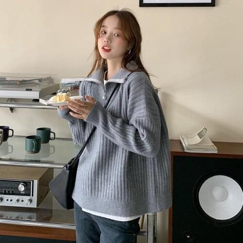 2021 Autumn Winter Women New Zipper Turtleneck Sweater Tops Female Casual Long Sleeve Pullovers Ladies Knitted Jumpers Tops R579