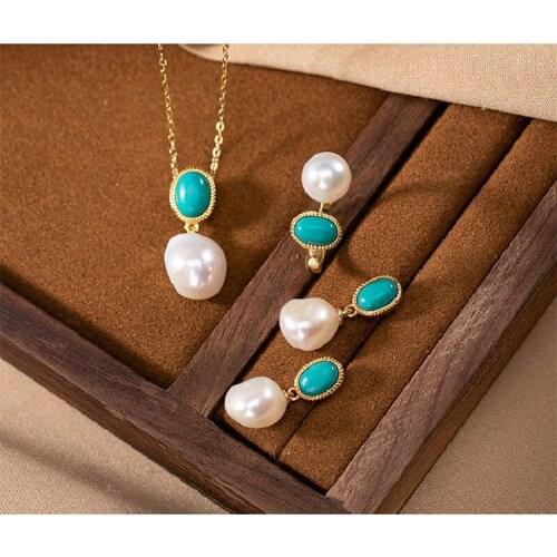 S925 Sterling Silver Gold-Plated Inlaid Natural Pearl Turquoise Ladies Light Luxury Suit Open Ring Earrings Necklace Pendant