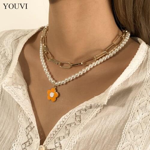 YOUVI Sweet Pearl Beads Chain Necklace for Women Summery Cute Flower Pedant Necklace Jewelry Goth Womens Neck Chain
