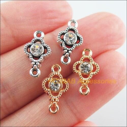35Pcs Retro Gold Tibetan Silver Tone Clover Clear Crystal Charms Connectors 8x15mm