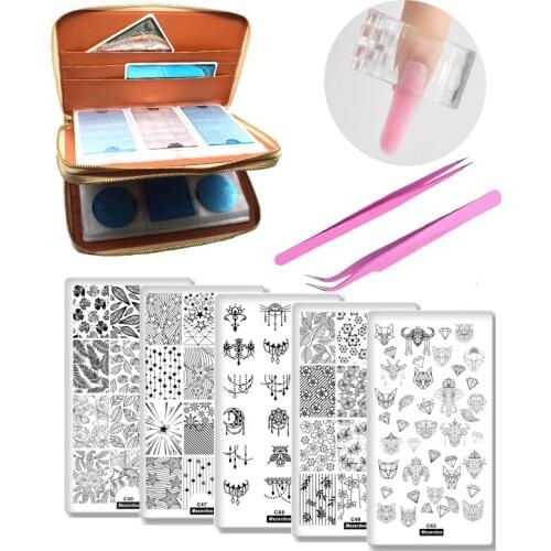 5 Creative Nail Stamping Plates+1Pcs 216Slots Empty Plate Holder+2 Straight Curved Tweezers Set+5 Fixed Nail Clips Nails Tools