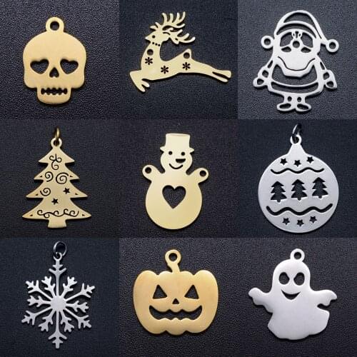 5pcs/lot Stainless Steel Halloween Ghost Skull diy Jewelry Making Charm Wholesale Snowman Christmas Tree Necklace Pendant