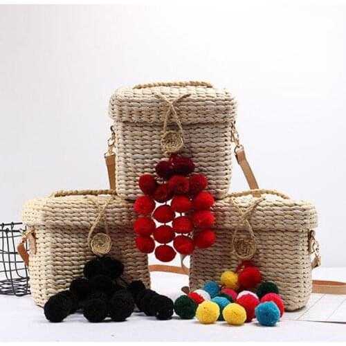 Color Wool Ball Woven Bag Travel Handbags Small Square Beach Straw Bag Round Straw Tote Leisure Tote Handmade Pompom Straw Bags