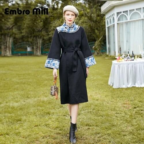 Double-Sided Mid-Length Wool Coat Womens Autumn And Winter New Street Style Retro Stand Collar Splicing Woolen Coat S-XL