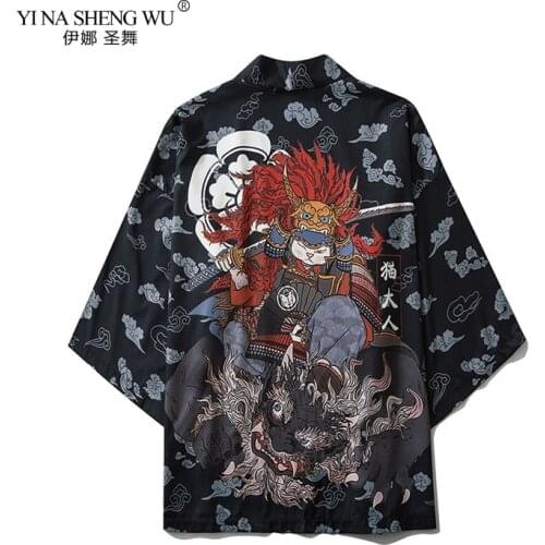 Japanese Style Cat Samurai Kimono Streetwear Men Women Cardigan Japan Harajuku Anime Robe Anime Clothes 2020 Summer