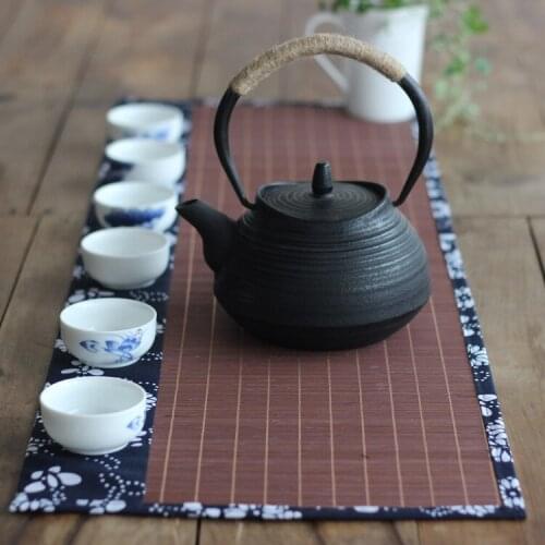 Chinese style bamboo tea mat blue flower pattern Zen tea runner tablecloth tea tray insulation pad for tea table