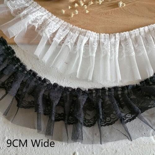 9CM Wide White Black Double Layers Mesh Pleated Embroidered Fringe Ribbon Lace Applique Collar Ruffle Trim Handmade Sewing Decor