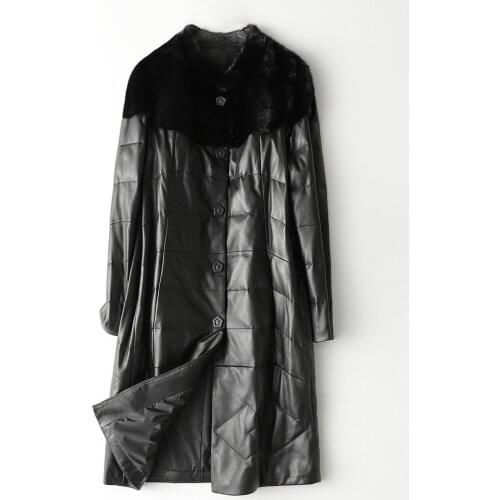 Free Shipping New Genuine Lamb Leather Jacket X-long Womens Down Coat with XXL Mink Fur Sheepskin coat Wholesale Retail OEM