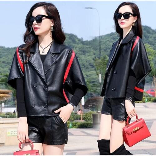 Bat Sleeve Large Size PU Leather Jackets 2021 Autumn New Cloak Stitching Jacket Half Sleeve Motorcycle Short Coats Women e418