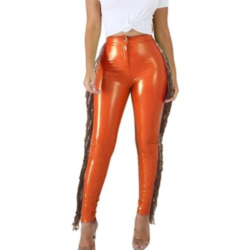Fashion Solid Color PU Leather Pants Women Skinny With Sequins Tassel Trousers Autumn Streetwear Office Lady Shiny Leather Pants