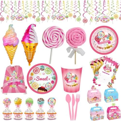 Pink Lollipop Theme Party Set Tableware Paper Cups Kids Birthday Paper Plate Napkins Candy Baby Shower Party Decor Supplies