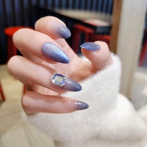 Fake Nails Sea Blue Long Flashing Big Diamonds Nail Stickers Finished Nail Stickers 24 Pcs Nail Stickers With Glue SANA889