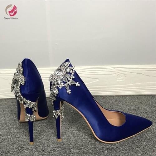 Original Intention Women Pumps Sexy Pointed Toe Crystal Around Stiletto Heels Royal Blue Pumps Female Party Dress Wedding Shoes