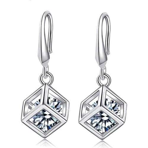 925 silver Kpop simple round drop silver Earrings women 2020 heart cube Square shaped piercing crystal Rhinestones earrings
