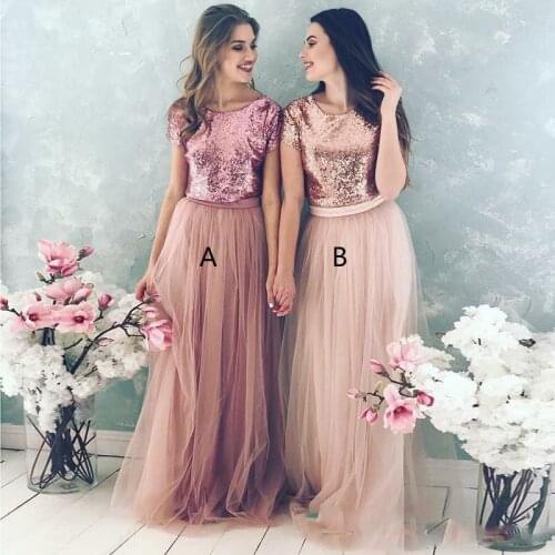 Gorgeous Simple Cheap Long O Neck Sequin Tulle Two Piece Wedding Guest Dress Bridesmaid Dresses
