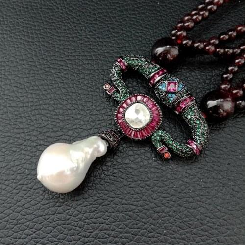 YYGEM 19'' 4 Strands Round Garnet Necklace White Keshi Pearl CZ Pendant